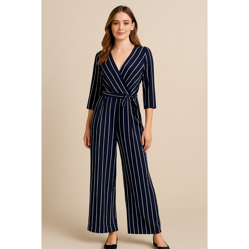 Navy Blue‎ White Stripe Jumpsuit 3/4 Sleeve Tie Waist Size M